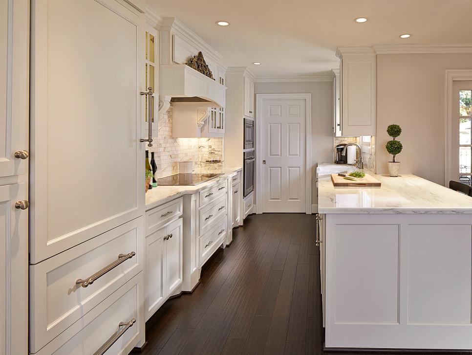 Beautiful Traditional Kitchen White, Hardwood Floor In Kitchen With White Cabinets