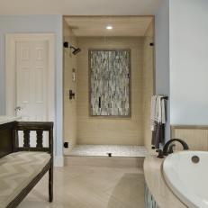 Transitional Master Bathroom With Beige Tile Shower