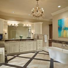 Transitional Master Bathroom With Chandelier and Soaking Tub