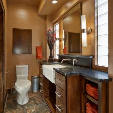 Bathroom Features Walnut Vanity & Slate Floors