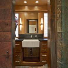 Small Bathroom With Contemporary Sconces, Basin Sink & Wood Vanity