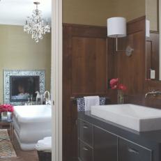 Eclectic Master Bath with Parquet Floors, Fireplace