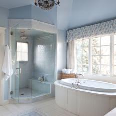 Blue and White Cottage Bathroom With Tile Rug
