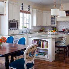 White Open Plan Transitional Kitchen With Graphic Patterns