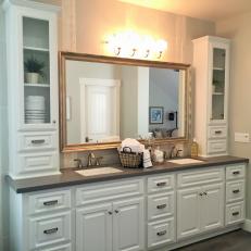 Transitional Master Bathroom Features Large White Vanity