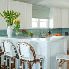 White Coastal Kitchen Features Aqua Tile Backsplash
