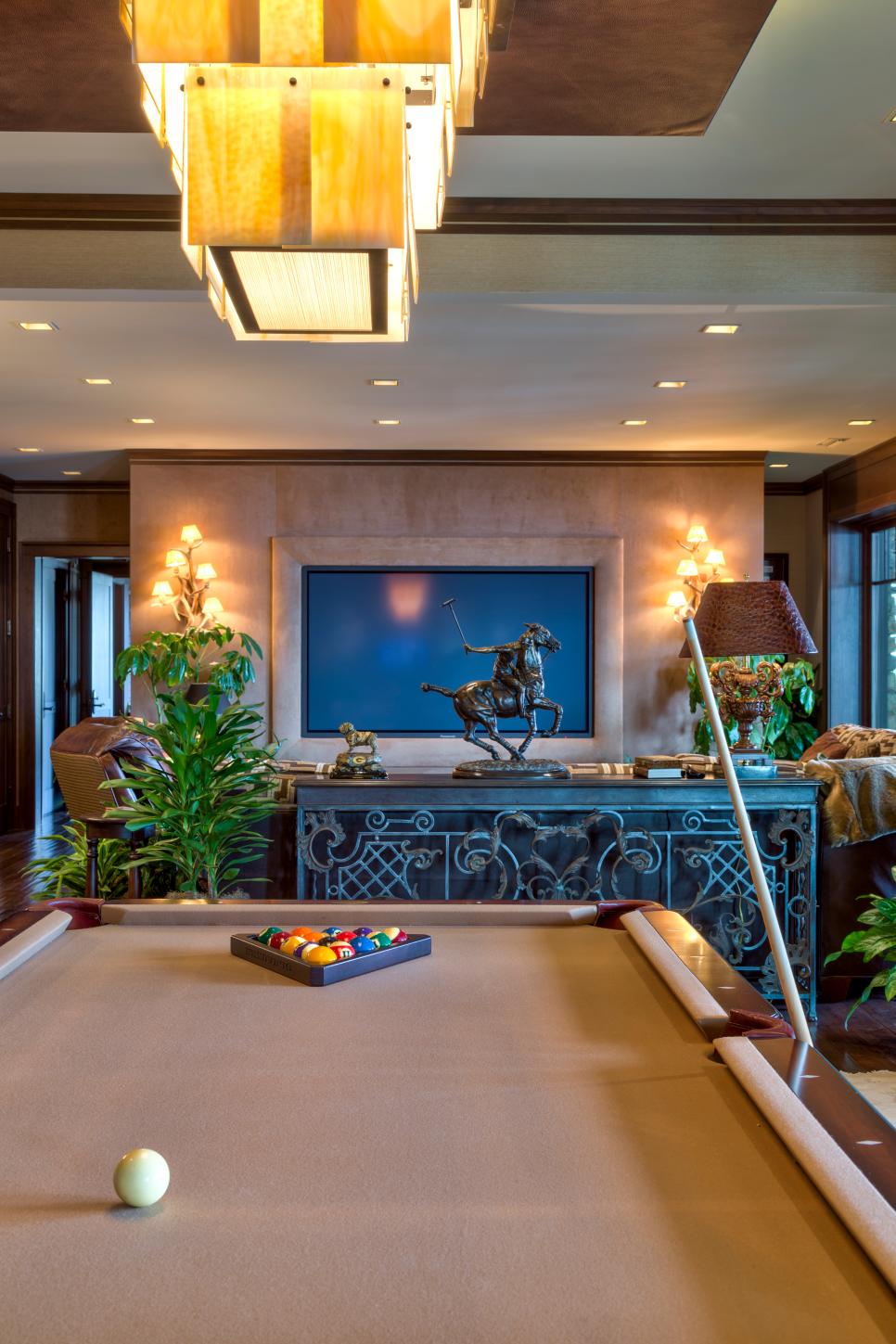 Game and Media Room with Large Tan Felttopped Pool Table