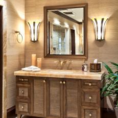 Tropical Style Bathroom Featuring Single Vanity with Rough-hewn Marble Top