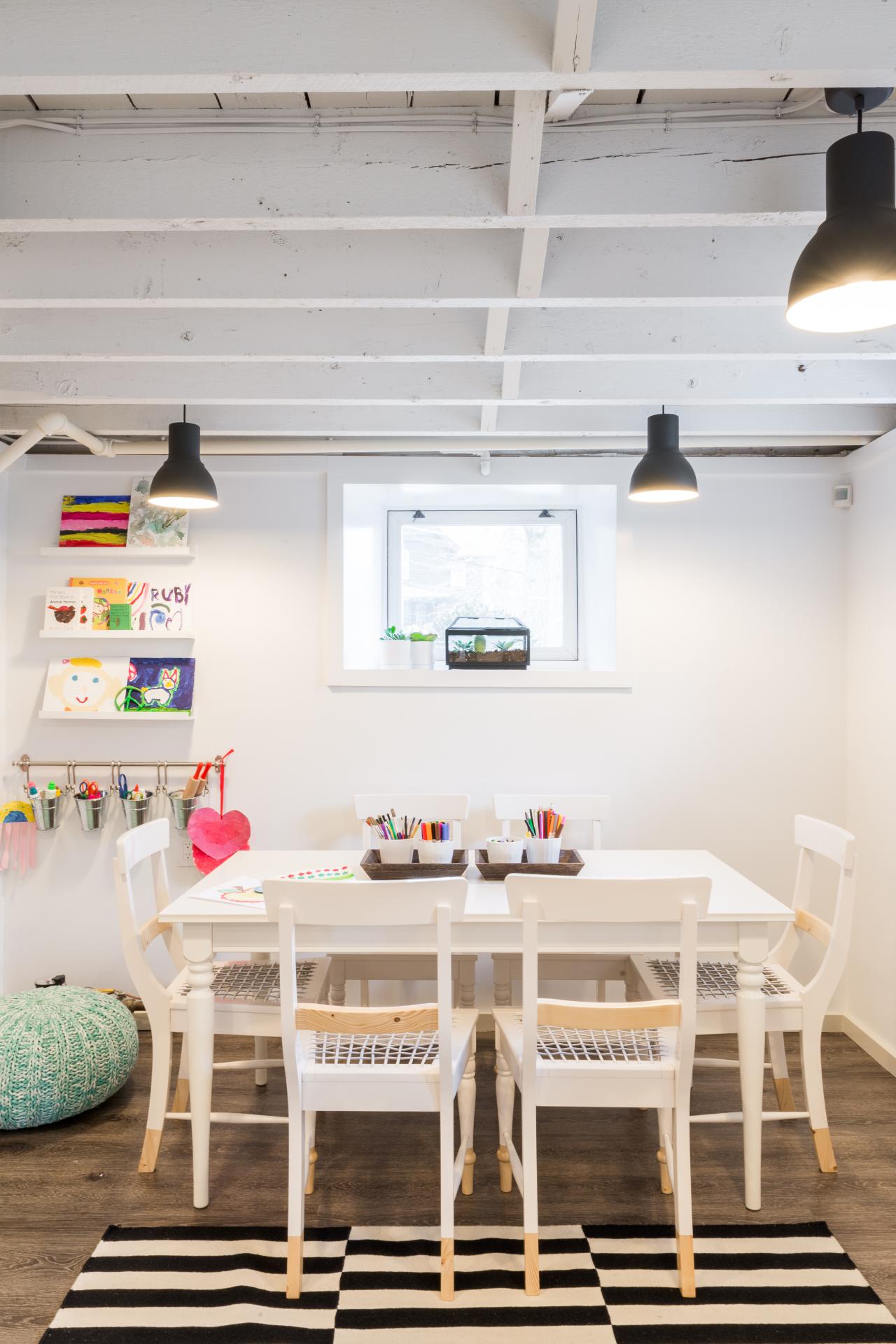 Kids' Art Studio in Low-Ceiling Basement of 1920s Colonial