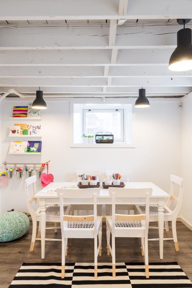 Kids' Art Studio in Low-Ceiling Basement of 1920s Colonial