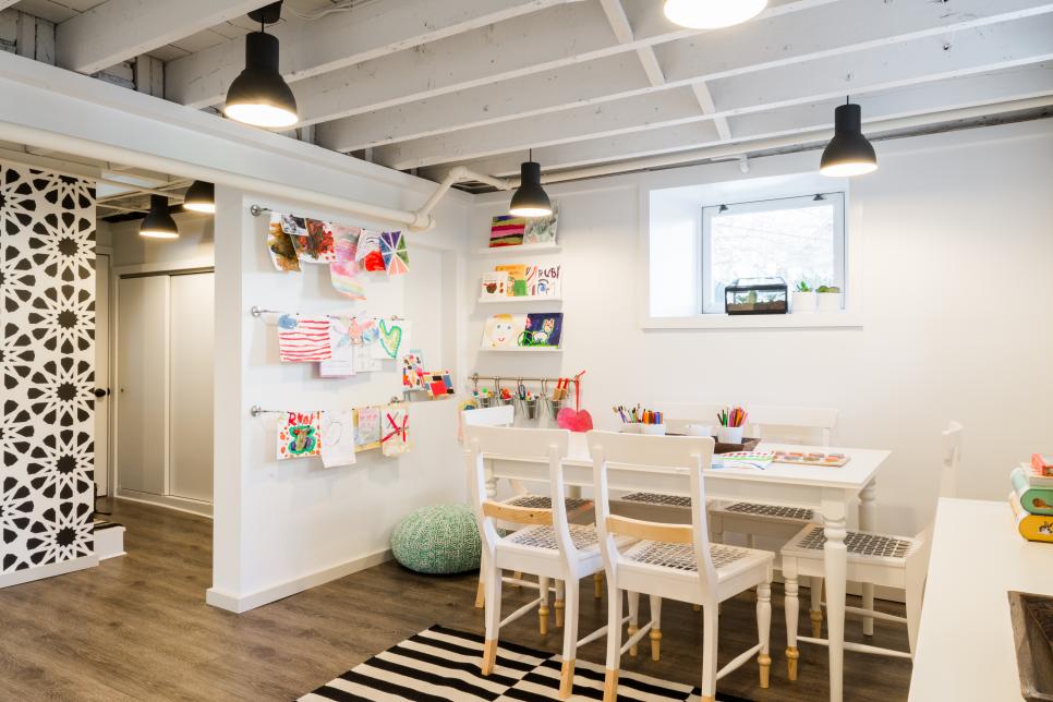 Kids Art Studio In Low Ceiling Basement Of 1920s Colonial