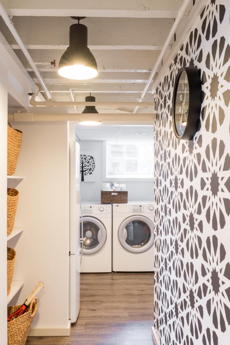 Contemporary Laundry Room With Graphic Accent Wall