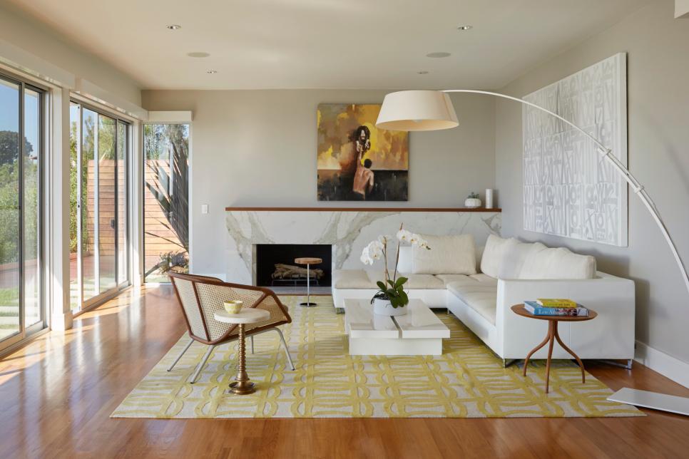 Gray Modern Living Room With White Sofa & Yellow Pattern Rug