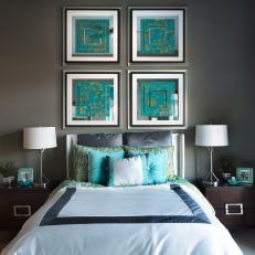 Charcoal Bedroom With Turquoise Accents and Asian Flair