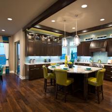 Inviting Transitional Kitchen Features Dark Cabinetry and Turquoise Tile Backsplash