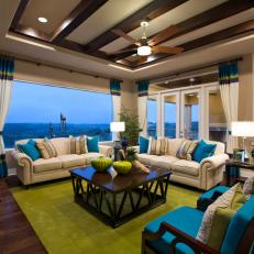 Transitional Living Room With Turquoise and Chartreuse Accents