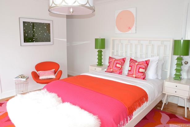 Modern White Kid's Room With Bright Orange, Pink and Green Accents