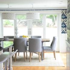 Transitional Eat-In Kitchen Features Ikat Wallpaper