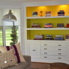 Classic White Built-Ins Updated With Vibrant Color