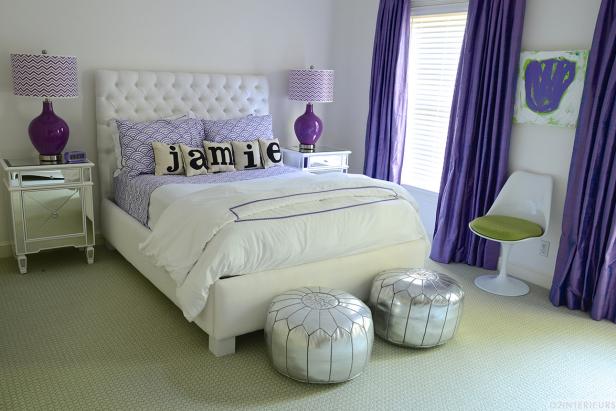Glam Teen Girl S Bedroom With Purple Patterns And Silver