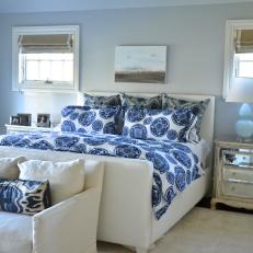 Transitional Bedroom Boasts Blue Patterned Bedding