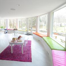 Clean, Modern Playroom Offers Colorful Bench Seating