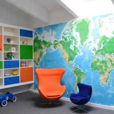 Mod Kid's Play Space With World Map Accent Wall