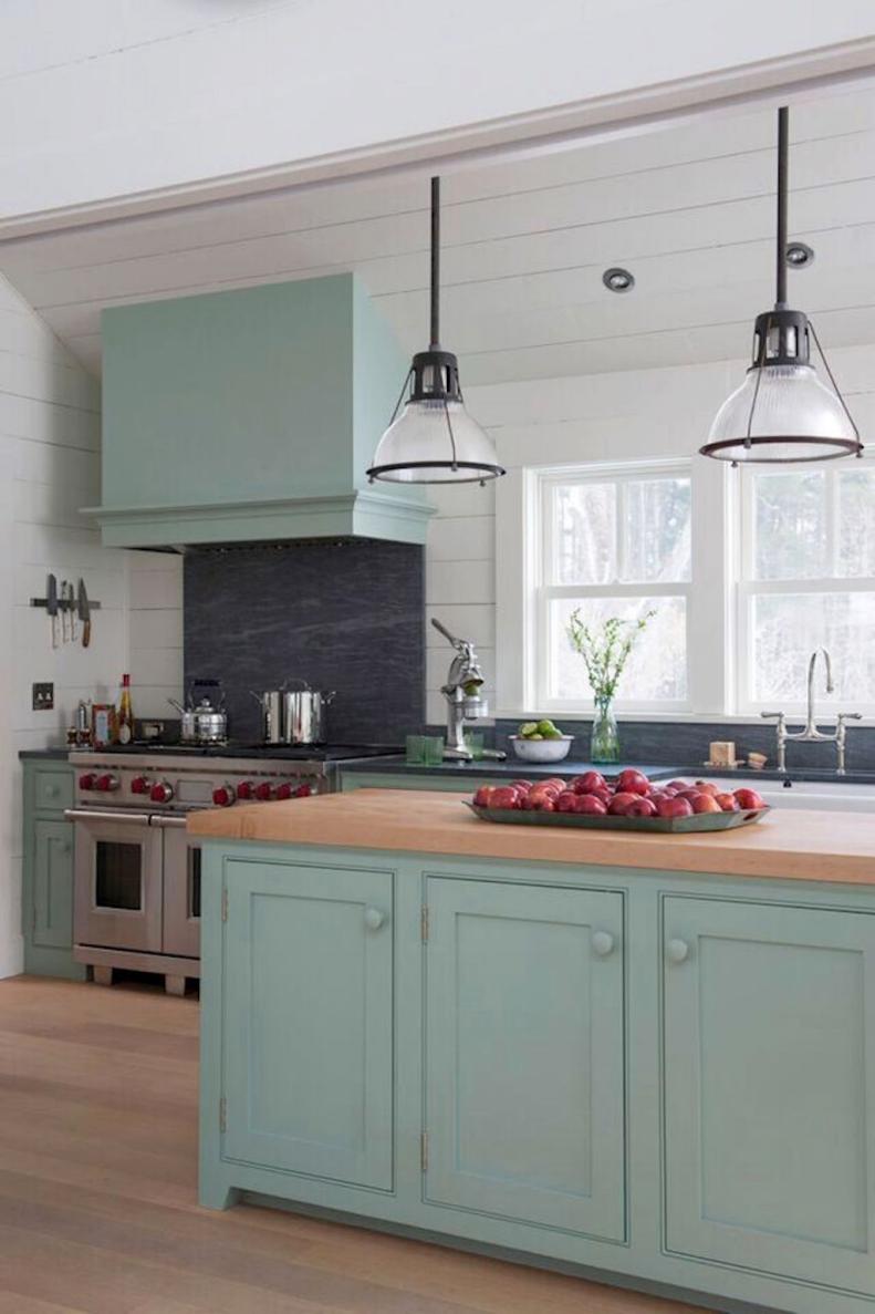 Glass Pendant Lights Over Island in White Cottage Kitchen