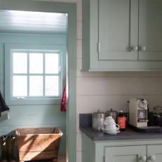 Mint-Green Kitchen Cabinets Next to Mudroom