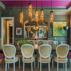 Pink and Gray Dining Room With Pink Chairs