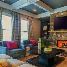 Gray Transitional Living Room With Stone Fireplace