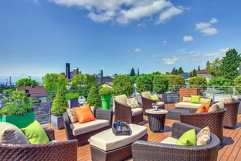 Rooftop Deck Has Multiple Sitting Areas for Taking in Seattle View