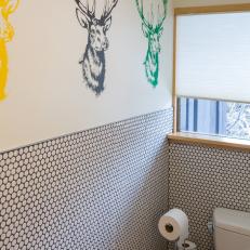 Multicolored Bathroom With Stag's Head Wallpaper