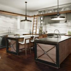 Brown and White Contemporary Chef's Kitchen With Islands