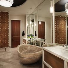Neutral Contemporary Spa Bathroom With Screen, Stone Tub