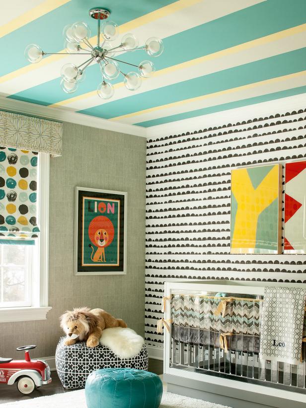 Gray Midcentury Modern Nursery With Striped Ceiling