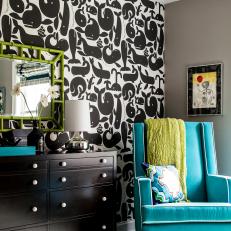 Bold Boy's Nursery With Graphic Whale Wallpaper & Bright Accents