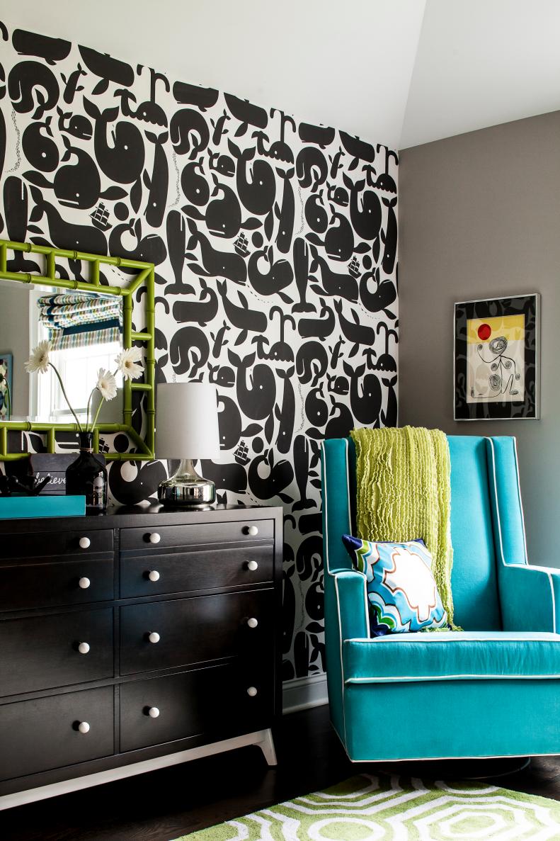 Black, White & Gray Contemporary Nursery With Green & Aqua Accents