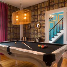 Billiards Room Features White Lacquer Pool Table With Black Velvet Top
