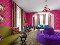 Pink Eclectic Sitting Room With Green and Turquoise Sofas 
