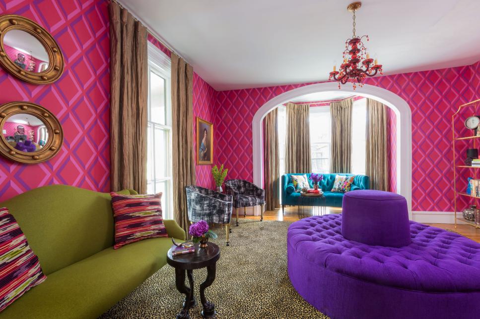 Pink Eclectic Sitting Room With Green and Turquoise Sofas 