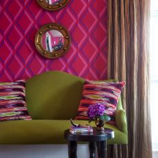 Colorful, Eclectic Sitting Room With Diamond Patterned Walls