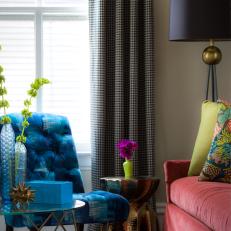 Eclectic Living Room With Mauve Velvet Sofa & Tufted Blue Chair