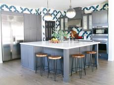 Kitchen With Blue-and-White Tiles Plus Gray Island & Cabinets