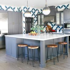 Kitchen With Blue-and-White Tiles Plus Gray Island & Cabinets