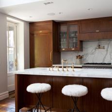 Long Island With Fuzzy Barstools in Transitional Kitchen