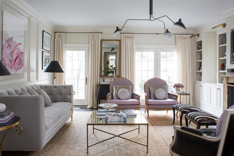 Neutral Transitional Living Area With Gray Sofa & Purple Armchairs