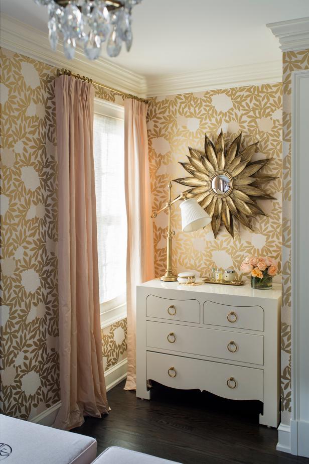Gold Bedroom With White Dresser, Light Pink Curtains & Sunburst Mirror
