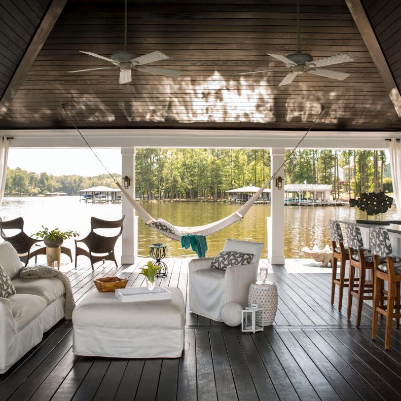 Contemporary Floating, Covered Deck on Lake With Hammock