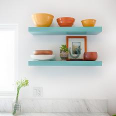 Blue Floating Kitchen Shelves With Bowls